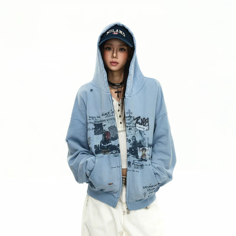 6032315100306,6032315100307,6032315100308,6032315100309, Y2K Punk Graffiti Zip Hooded Sweatshirt