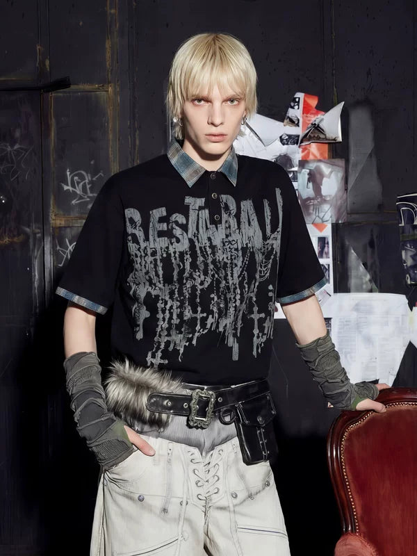 Y2K Punk Graphic Plaid Collar Cotton Polo 1