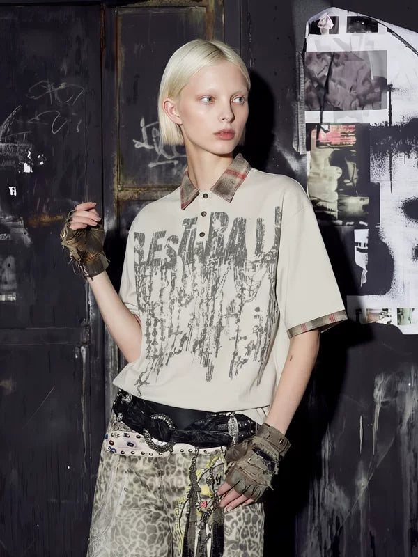 Y2K Punk Graphic Plaid Collar Cotton Polo 2