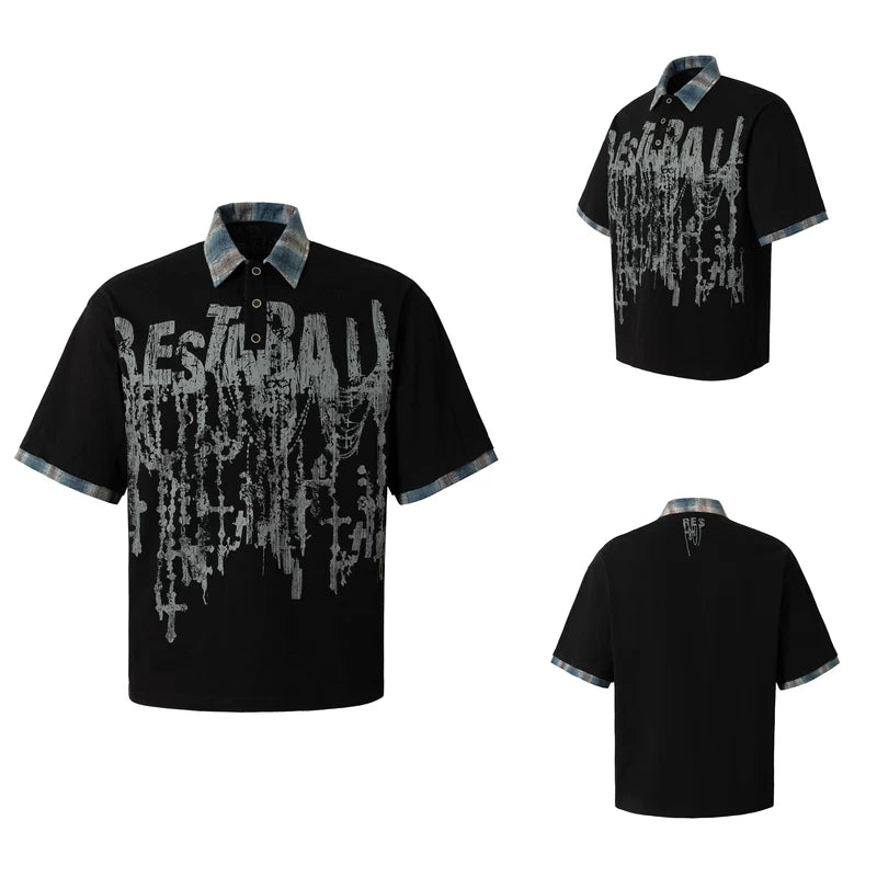 6064900332664,6064900332666,6064900332668,6064900332670, Y2K Punk Graphic Plaid Collar Cotton Polo