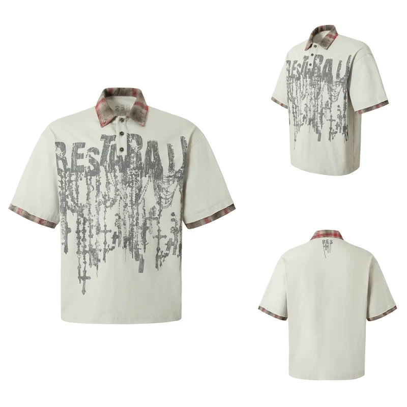 6064900332663,6064900332665,6064900332667,6064900332669, Y2K Punk Graphic Plaid Collar Cotton Polo