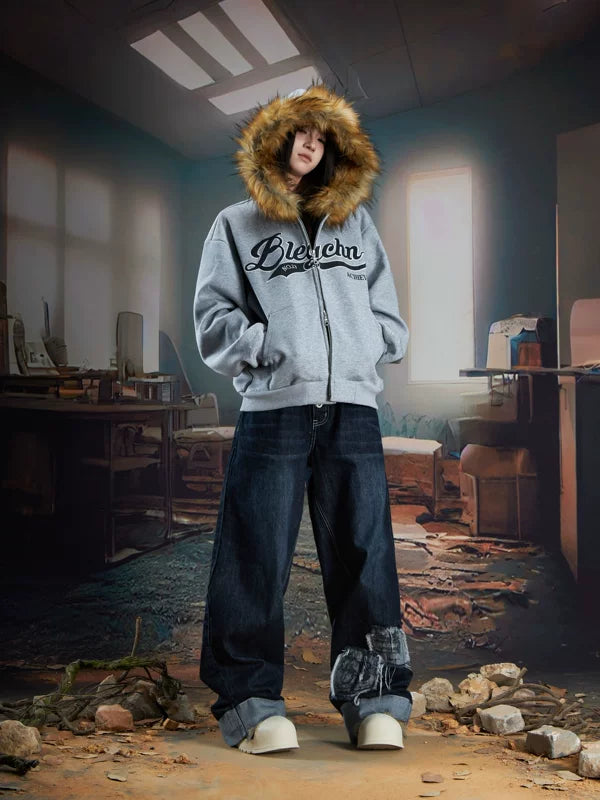 Y2K Zip Up Hoodie with Faux Fur 5