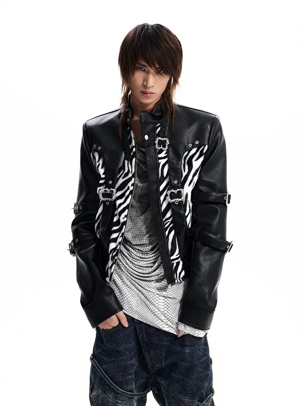 Zebra Print Patchwork Faux Leather Jacket 1