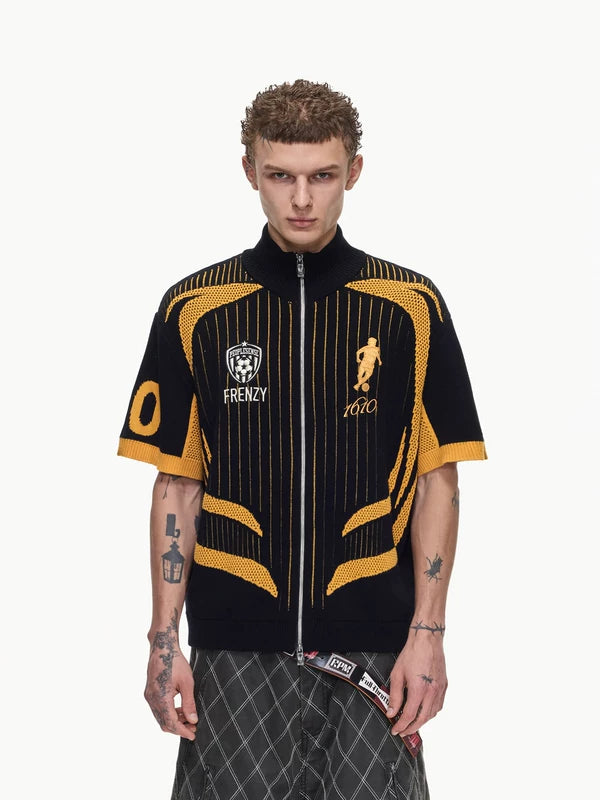 Zip-Up Football Knit Polo Shirt 1